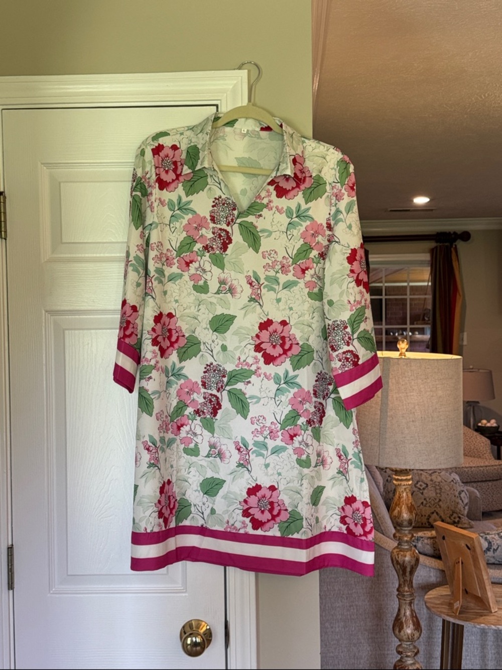Floral Pink & Green V-Neck Tunic Dress